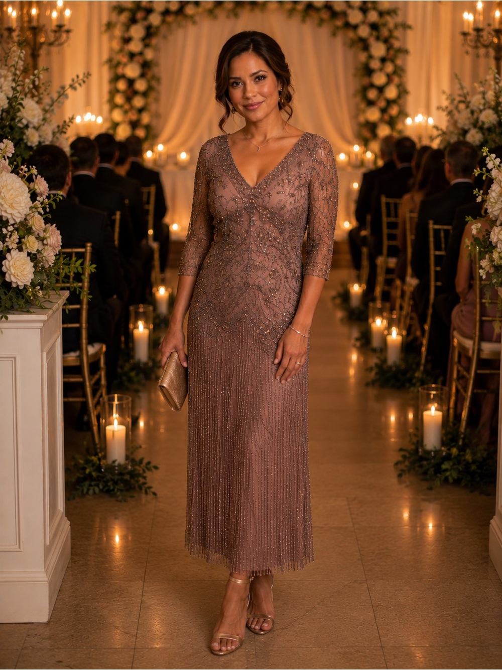 PISARRO NIGHTS Bronze beaded dress